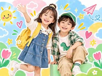 Hai bé đeo balo vẫy tay chào ngày tựu trường